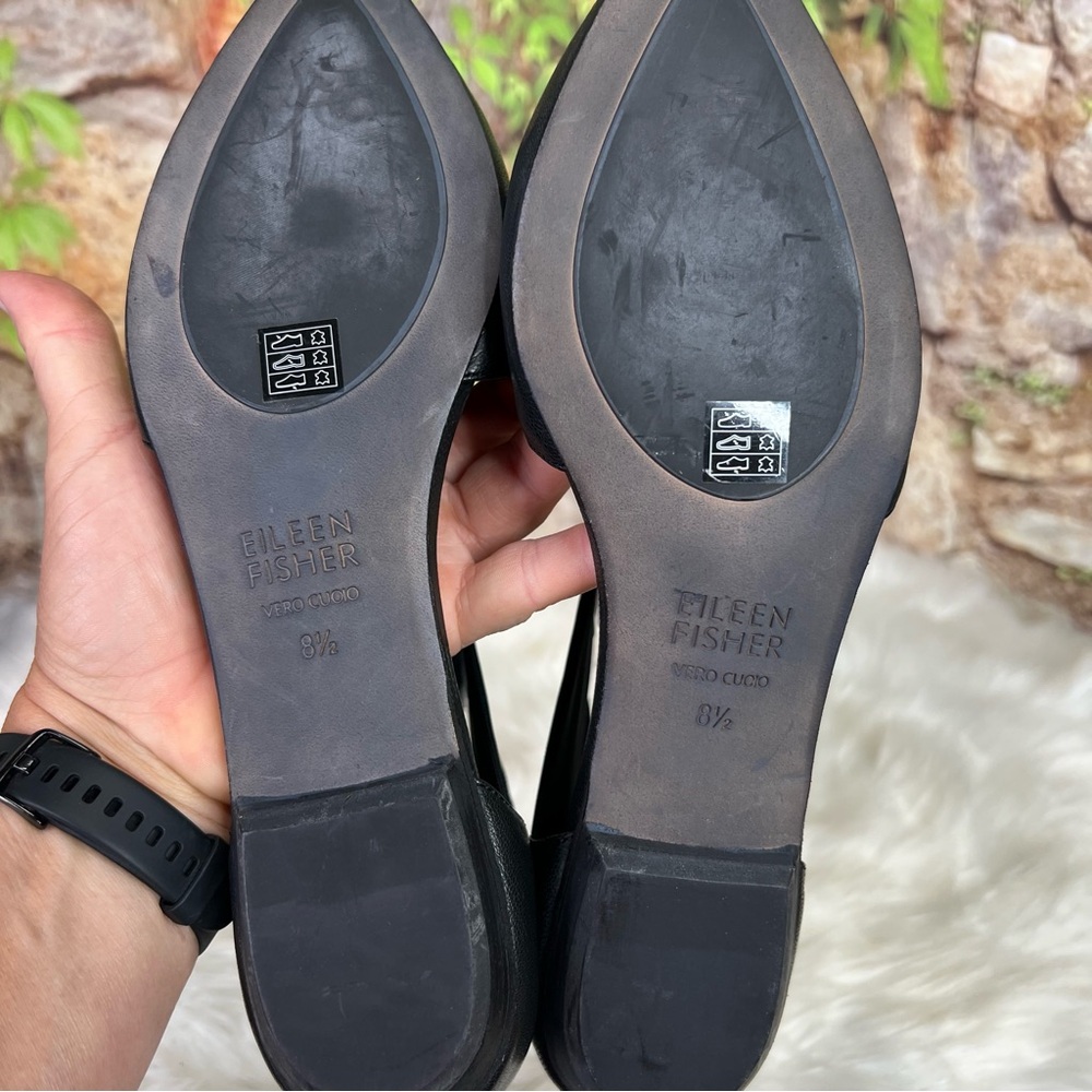 EILEEN FISHER Black Leather Pointed Toe Flats with Elasticized Ankle Strap, 8.5 - Picture 8 of 10